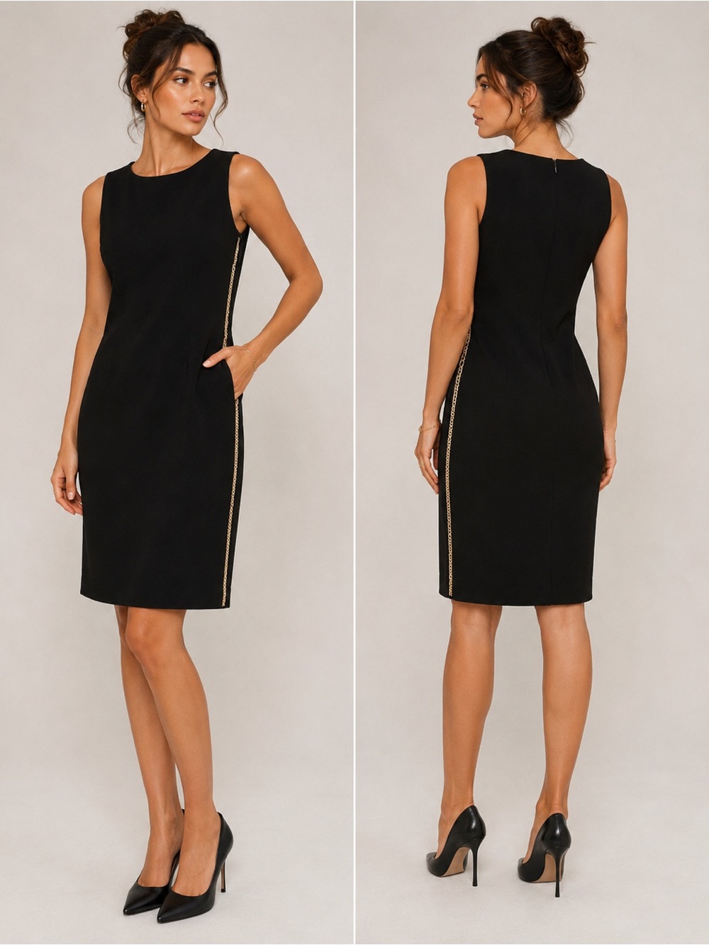 Calvin Klein Black Midi Sheath Dress with Gold Side Trim